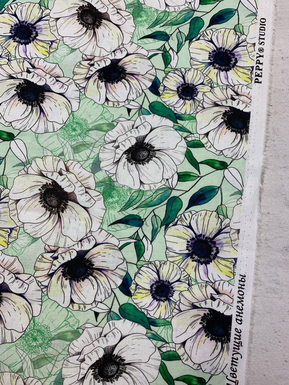 картинка Ткань для пэчворка Цветущие Анемоны 100% хлопок, ЦА-06 зеленый от магазина МиТекс на Пушкина 97