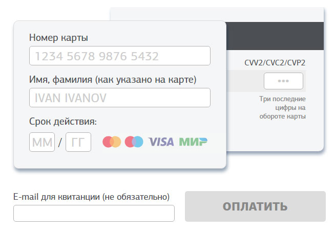 Данные для оплаты пластиковой картой
